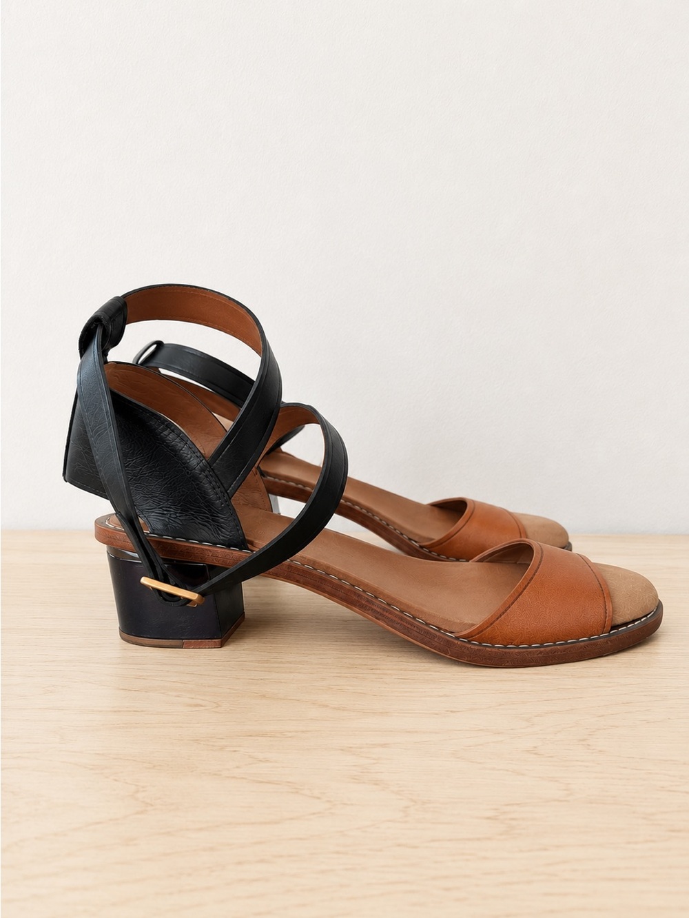 Leifsdottir Leather Ankle Strap Block Heel Sandals Bronze Black Tan Size EU 37.5